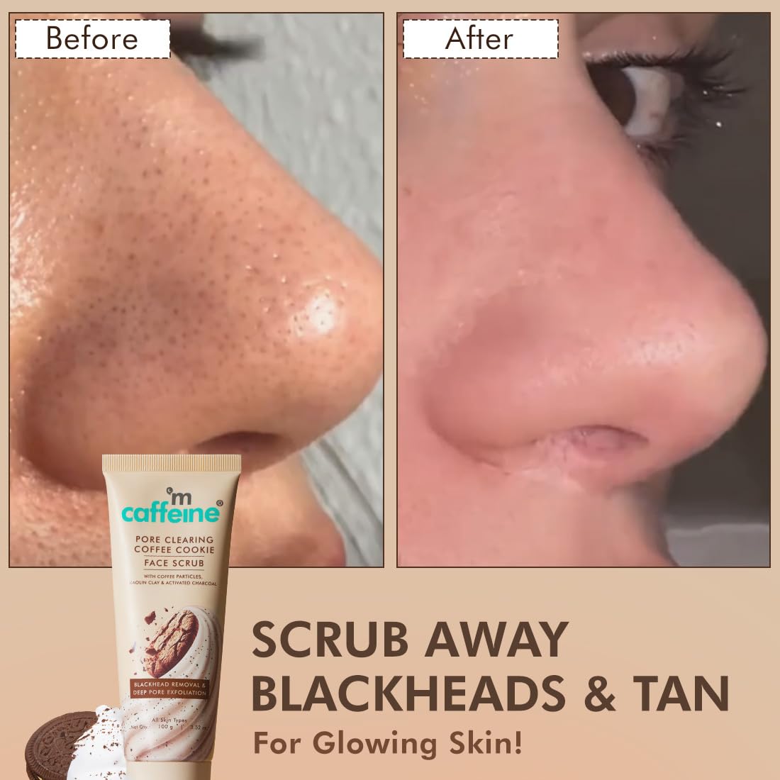 mCaffeine Pore Clearing Coffee & Cookie Face Scrub | Remove Blackheads, Detan & Exfoliate Dead Skin | 4.5% Exfoliants - Walnuts, Coffee, Charcoal, Clay | Glowin