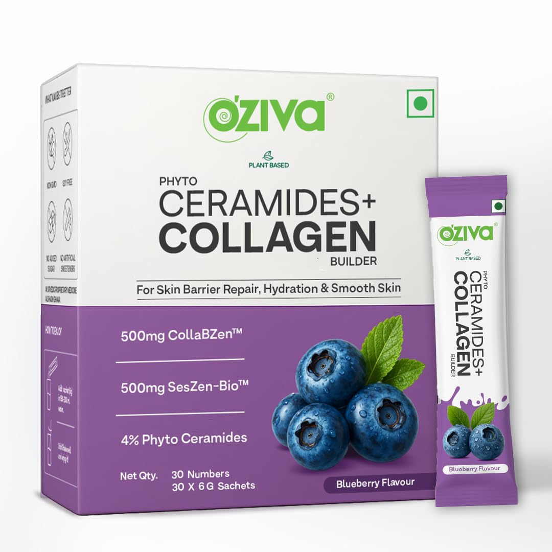 OZiva Phyto Ceramides+ Collagen Builder, Blueberry, 30 Sachets 1 Month Pack - Starter Pack