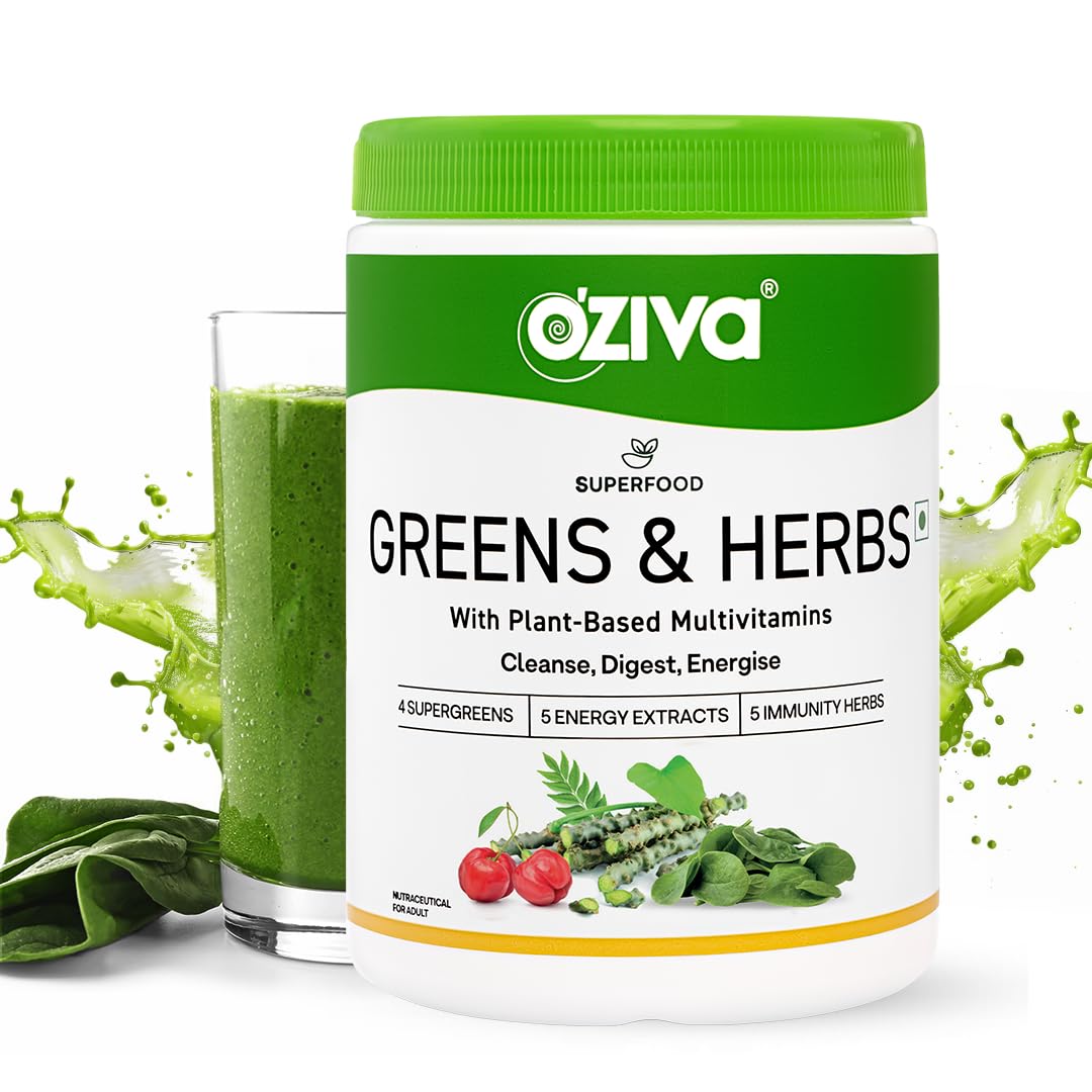 OZiva Superfood Greens & Herbs for Acne Control, Skin Health & Digestion | Daily Greens and 35+ Superfoods, Herbs, Chlorella & Moringa, 200 g Superfood Greens &