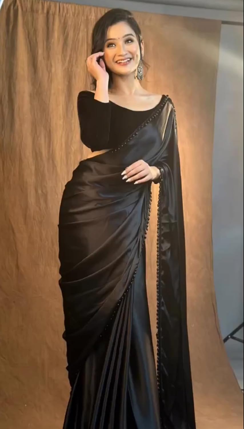 Women's Ready to Wear Black Satin Silk 1 Minute Pre Pleated Indian Saree With Unstiched Blouse