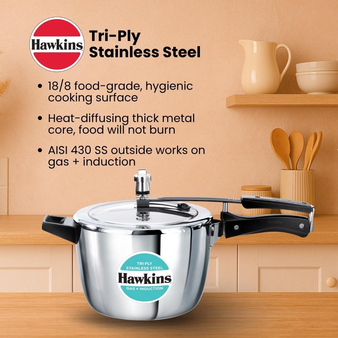 Hawkins 1.5 Litre Triply Stainless Steel Pressure Cooker, Inner Lid Induction Baby Cooker, Silver (HSST15) 1.5 Litres