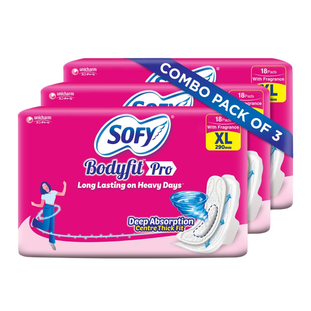 Sofy Bodyfit Pro Sanitary Pads (XL Size - 290 mm) 54 pads - Deep Absorption & fragrance, Centre Thick Fit, Soft on skin with comfy dry top sheet, with disposabl