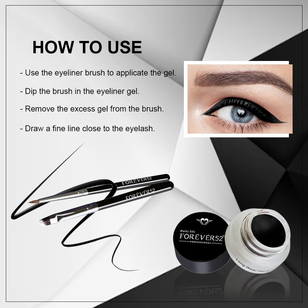 Daily Life Forever52 Long Wear Gel Eyeliner & Tattoo, Waterproof Smudgeproof Long Lasting Cream Eyeliner Gel with 2PCS Brushes for Smooth Aplication (Jet Black) (GT001)