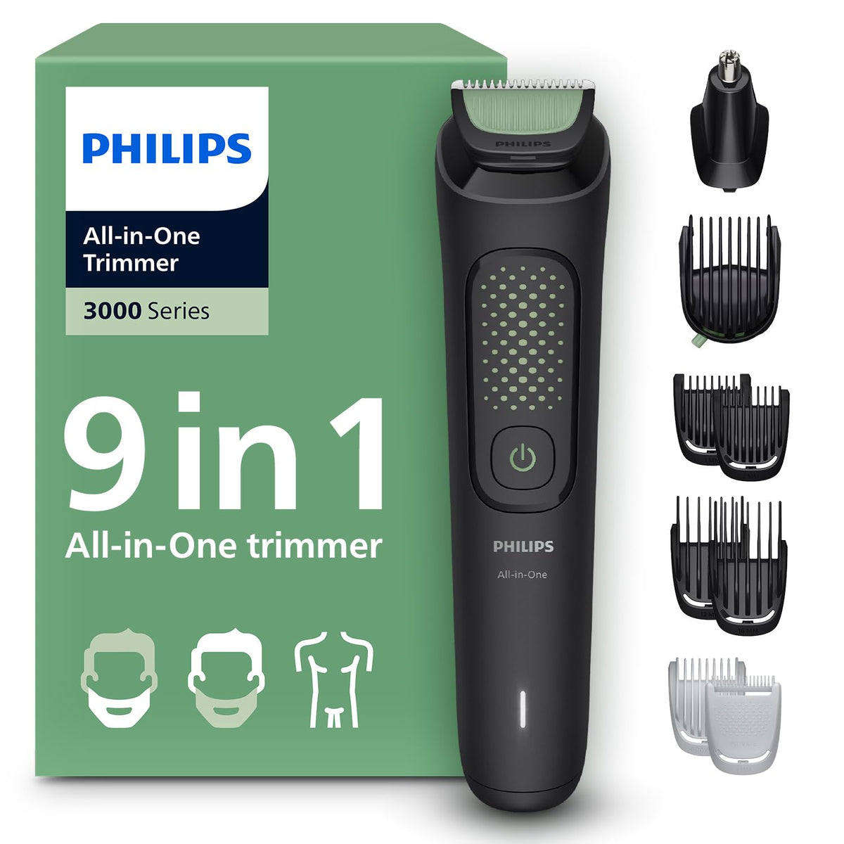Philips Multigroom 3000 Series All-in-one 9-Piece Trimmer – Shaver and Hair Clipper for Face, Head & Body, Self-Sharpening, Skin-Friendly Blades, 12 Length Sett