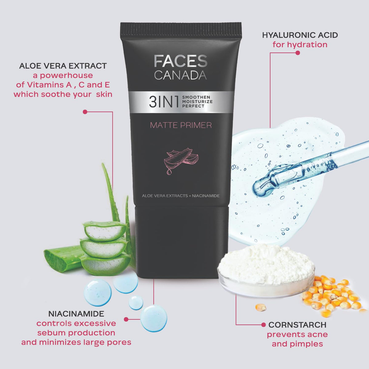 FACES CANADA Matte Primer, 30g | Oil-Free Matte Finish | Lightweight Gel Texture | Smoothens & Moisturizes Skin | Niacinamide, Hyaluronic Acid, Vitamin A, C & E