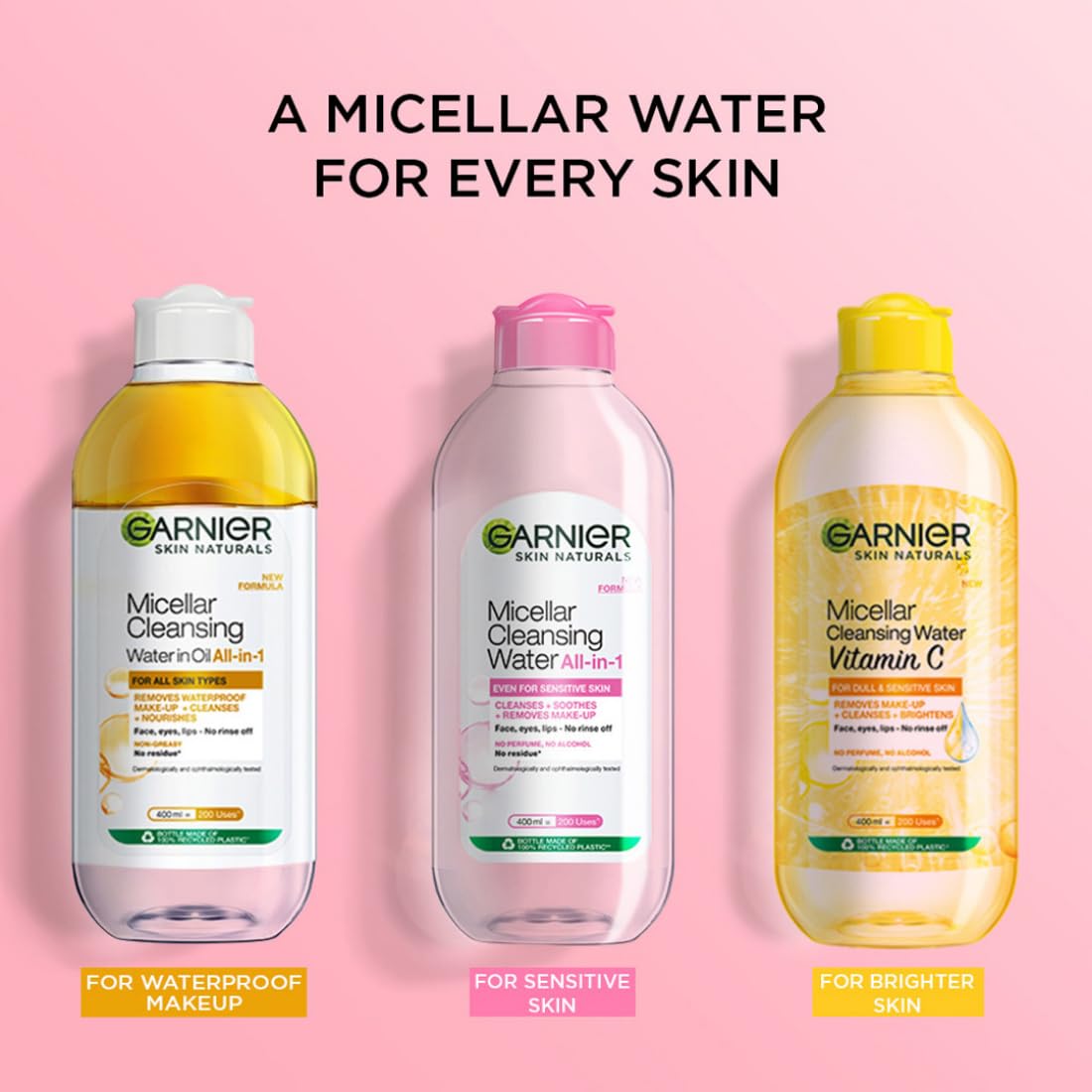 Garnier Micellar Cleansing Water For Sensitive Skin | Make-Up Remover & Cleanser - Removes makeup, dirt & impurities & Hydrates Skin | Just Pour, Press & Swipe | 400ml