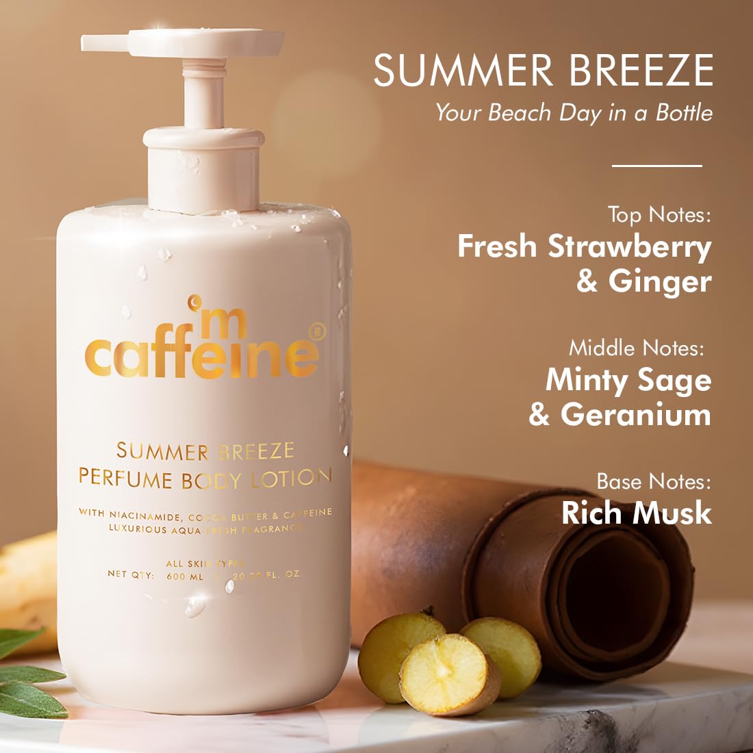 mCaffeine Summer Breeze Perfume Body Lotion 600ml| Niacinamide, Cocoa & Shea Butter For Deep Moisturization | Lightweight, Non-Sticky & Daily Use | Aqua-Fresh B