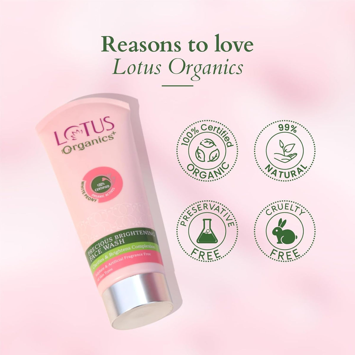 Lotus Organics+ Precious Brightening Face Wash | 100% Certified Organic White Peony Extract | Gentle Face Cleanser | Skin Refreshing Formula | 99% Natural | Sul