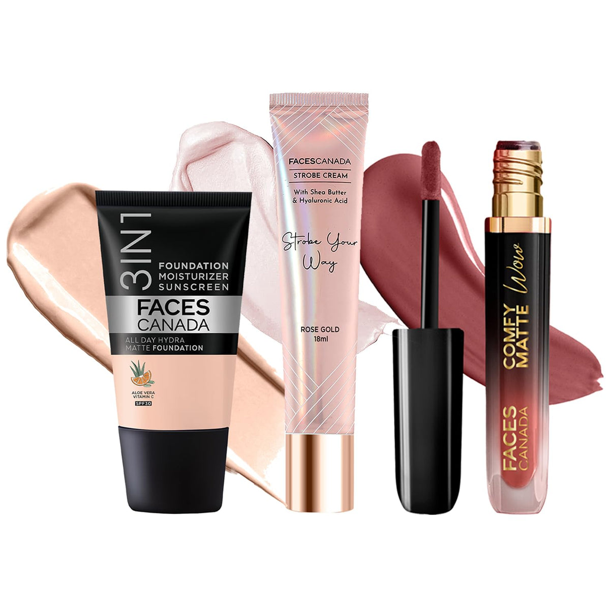 FACES CANADA Celeb Glow Combo |Strobe Cream - Rose Gold, 18ml + Hydra Matte Foundation - Rose Ivory, 18ml + Comfy Matte Wow - Choco Couture, 3.8ml | Highlighter
