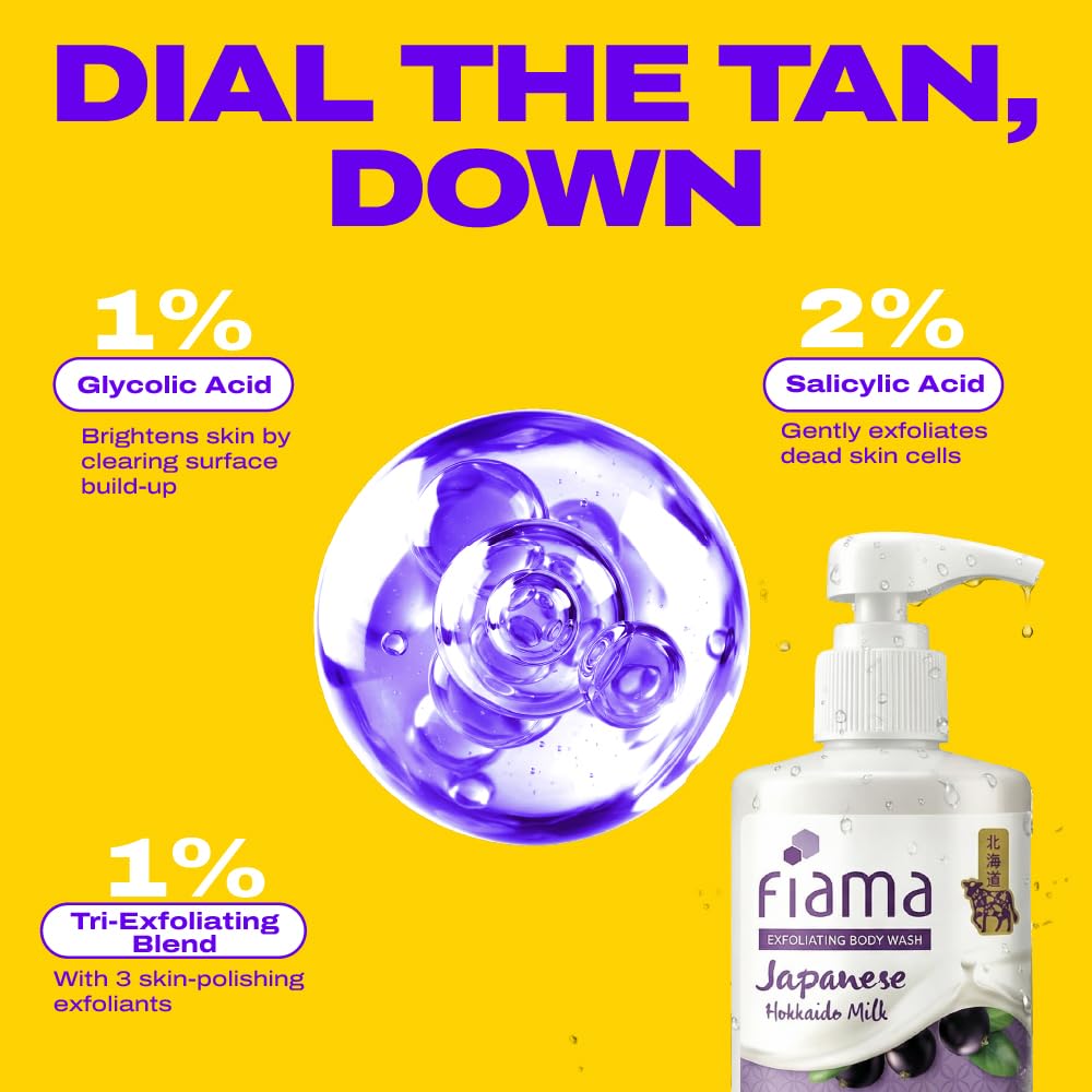 Fiama 4% Detan Serum Exfoliating Body Wash 250ml, 2% Salicylic Acid, 1% Glycolic Acid, 1% Exfoliating Tan Removal Shower Gel, Gently removes dead skin | Exotic