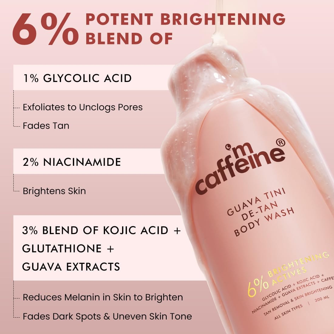 mCaffeine 1% Glycolic Acid Detan Body Wash 300ml | 2% Niacinamide, 3% Kojic Acid-Glutathione | Bodywash for Women & Men| Brightens, Hydrates, Reduces Dark Spots