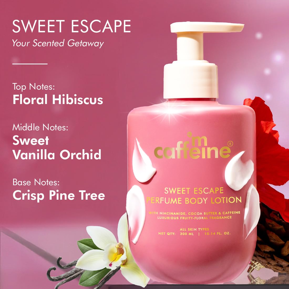 mCaffeine Sweet Escape Perfume Body Lotion 300ml| Niacinamide, Cocoa & Shea Butter | Deep Moisturization for Women & Men | Lightweight, Non-Sticky & Daily Use |