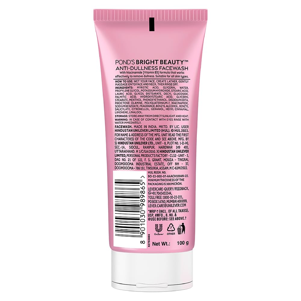 POND's Bright Beauty Anti-Dullness & Brightening Facewash With Niacinamide | For Glass-Skin Like Shine And With 4X Visibly Brighter Skin, 100Gm (Pack of 2)