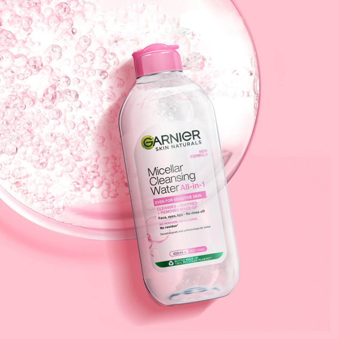 Garnier Micellar Cleansing Water For Sensitive Skin | Make-Up Remover & Cleanser - Removes makeup, dirt & impurities & Hydrates Skin | Just Pour, Press & Swipe | 400ml