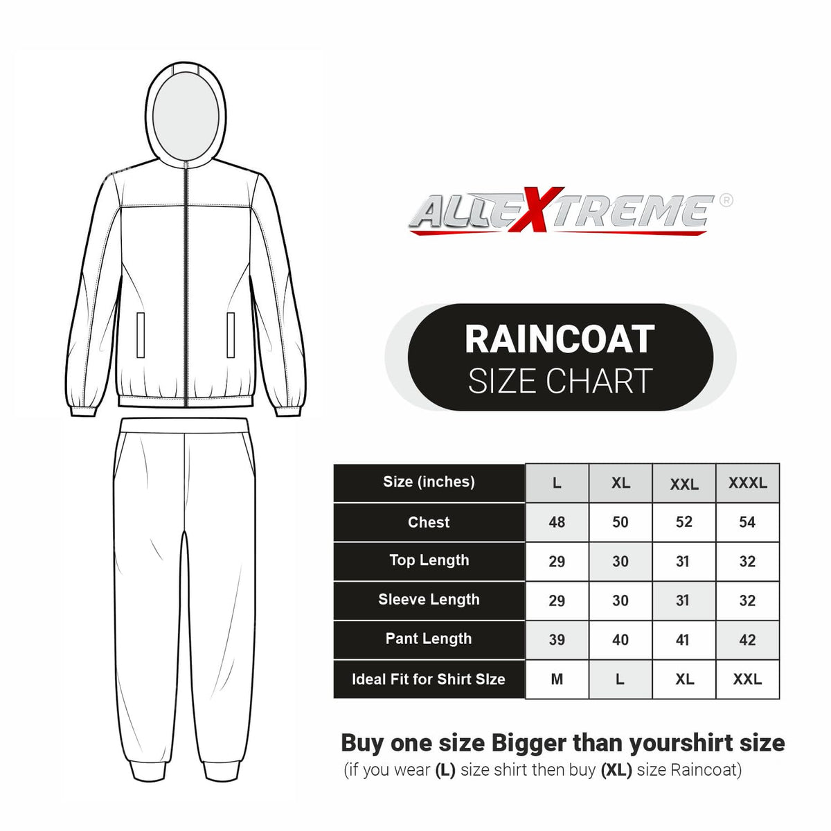 Allextreme Kinder Men Universal Raincoat, waterproof Rainsuit with Adjustable Hood, Drawstring Hem Set of Top & Bottom with Carrying Pouch (White, XXL)