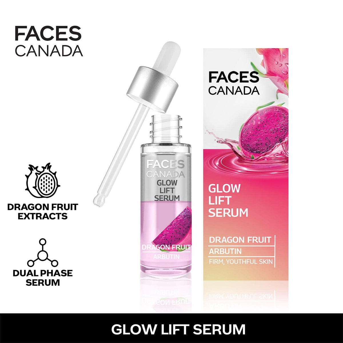 FACES CANADA Glow Lift Serum, 27 ml | Dragon Fruit & Arbutin | Biphasic Face Serum | Restores Glow & Hydrates For Spotless, Radiant & Plump Skin | Helps Reduce