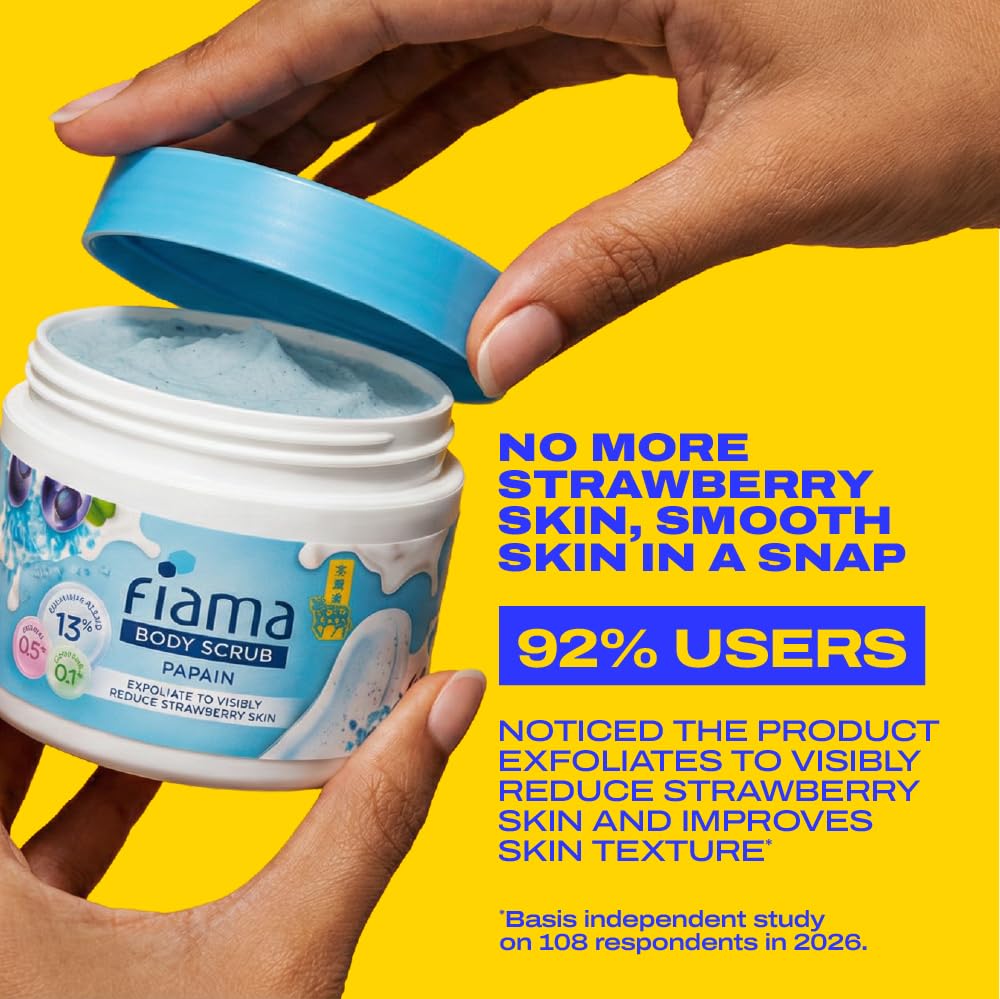 Fiama Strawberry Skin Exfoliating Body Scrub 200g, 0.5% Papain Enzyme + 0.1% Caffeine, Chemical + Physical Exfoliation, 13% Polishing Blend, Reduces Keratosis P