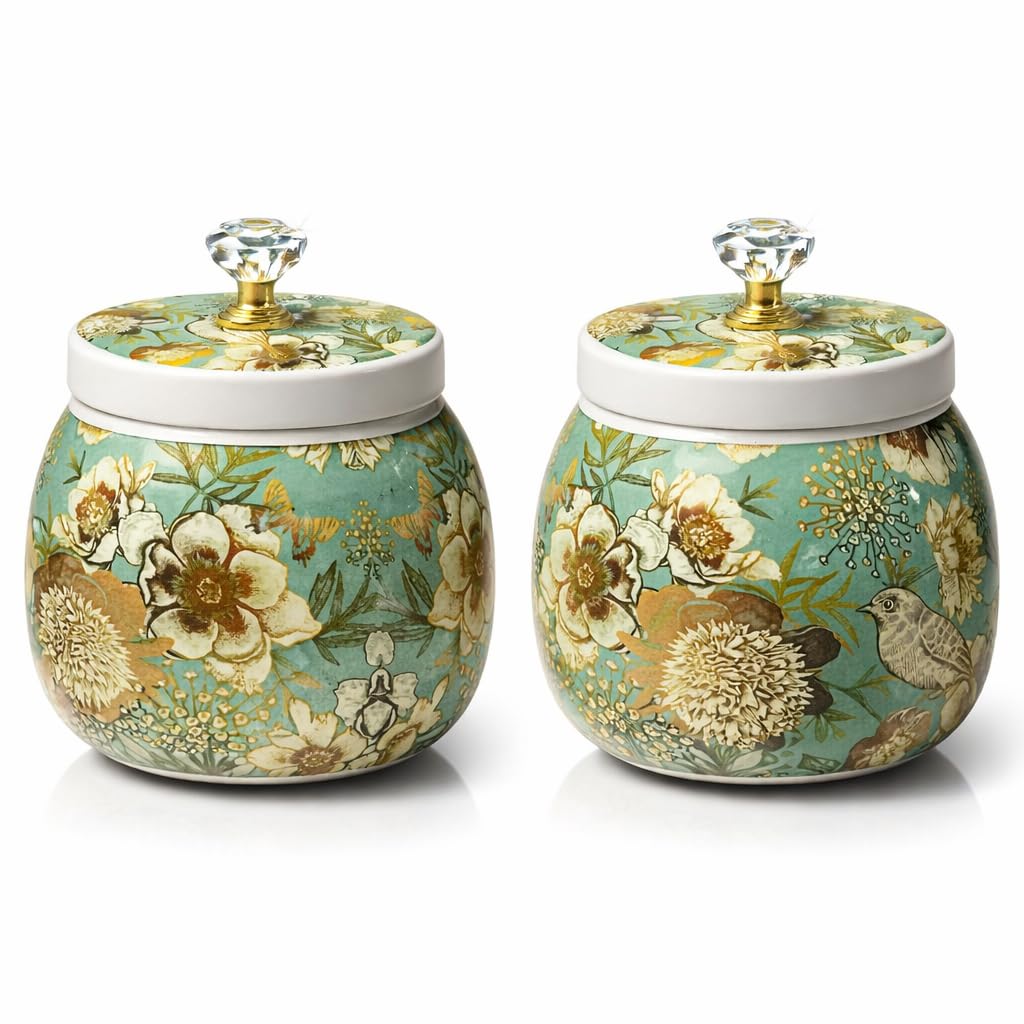 Kalakriti (Set of 2, 4x4 Inch Rust Free Meenakari Design Floral Birds Dryfruits Storage Jar with Airtight Lid Crystal Knob | Stylish Home Kitchen Organizer Cont