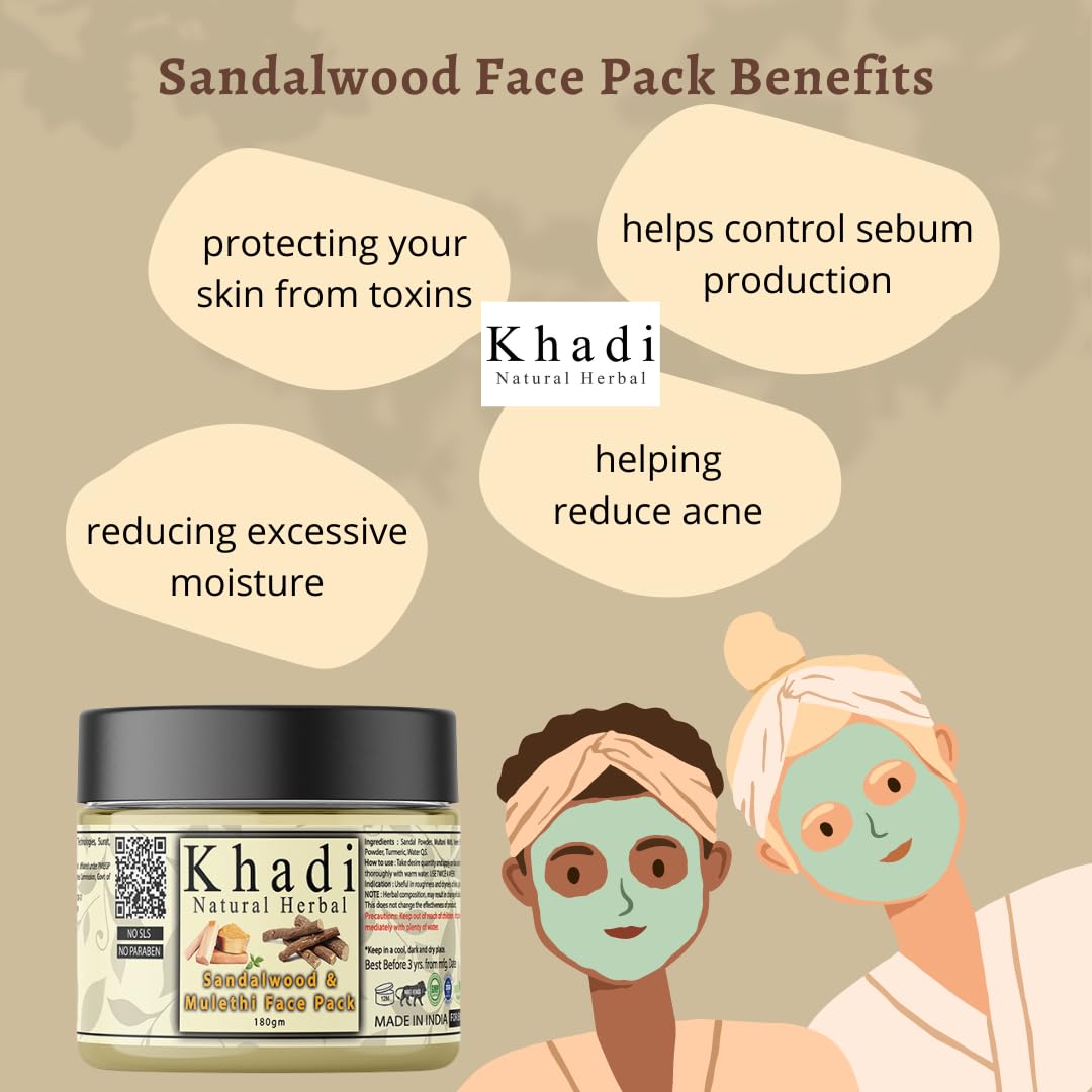 Khadi Natural Herbal Sandalwood Face Pack For Skin Brightening 180gm Pack | Enriched With 100% Natural Pure Sandalwood Powder & Mulethi For Skin Glowing | Reduc