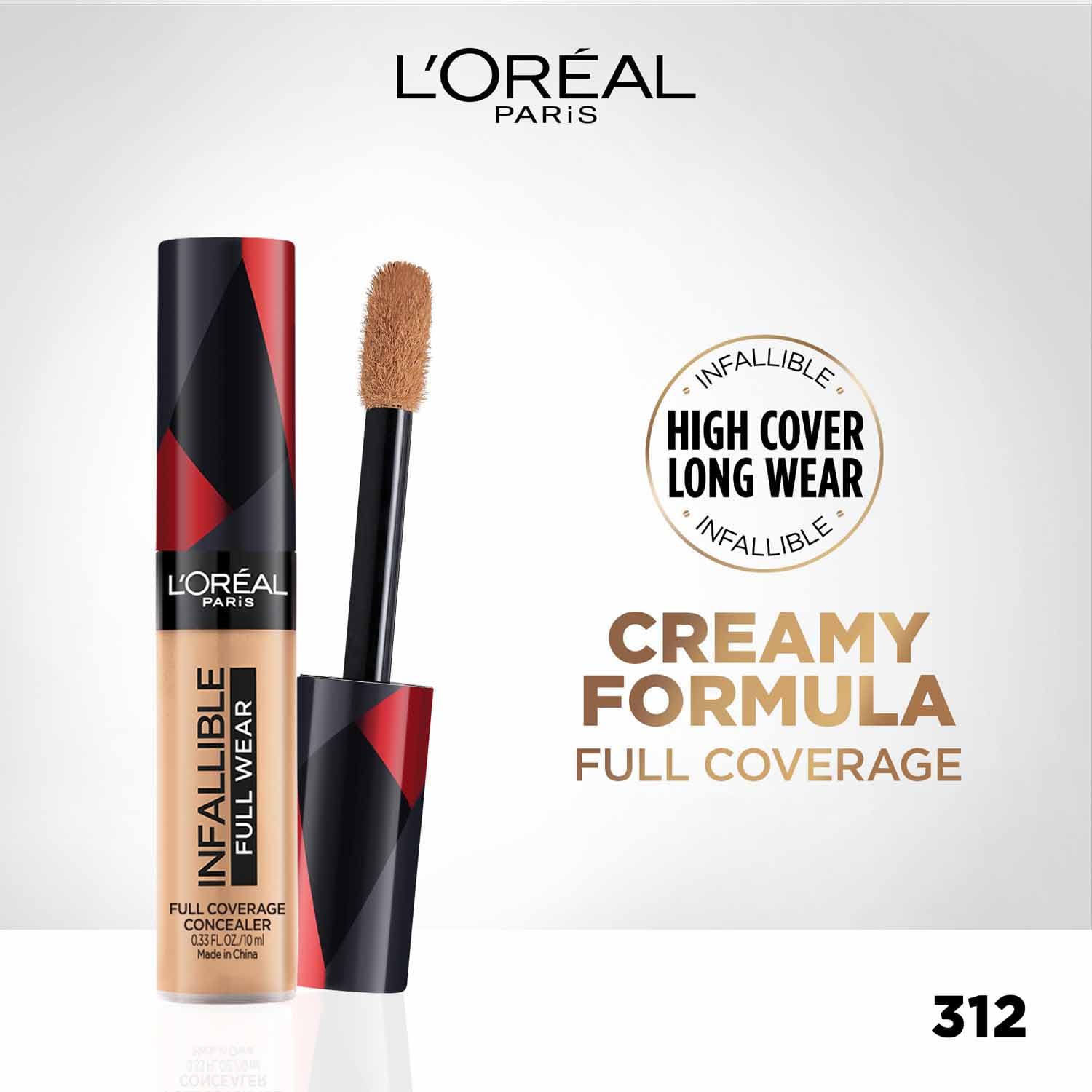 L'Oreal Paris Infallible Full Coverage Concealer, High Cover, Longwear, Waterproof Formula, For Undereye Circles and Blemishes, For Highlighting and Contouring, Shade: 312, 10g