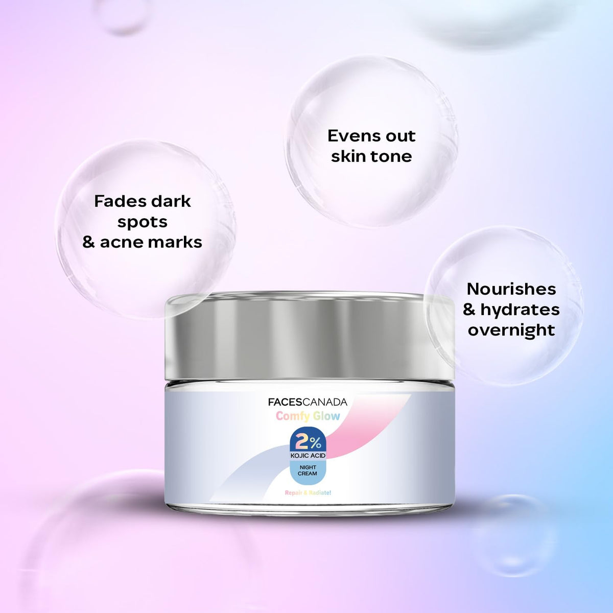 FACES CANADA 2% Kojic Acid Comfy Glow Night Cream with Niacinamide & Alpha Arbutin for Skin Brightening (25 gm) | Face Cream I Night Cream I Kojic Acid Glowing