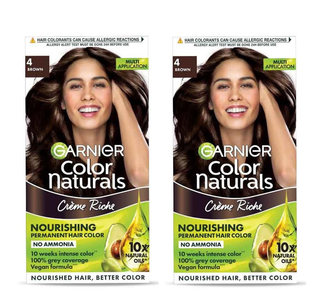 Garnier, Hair Colouring Creme, Long-lasting Colour, Smoothness & Shine, Color Naturals, Shade: 4 Brown, 70ml + 60g (PACK OF 2) 260g