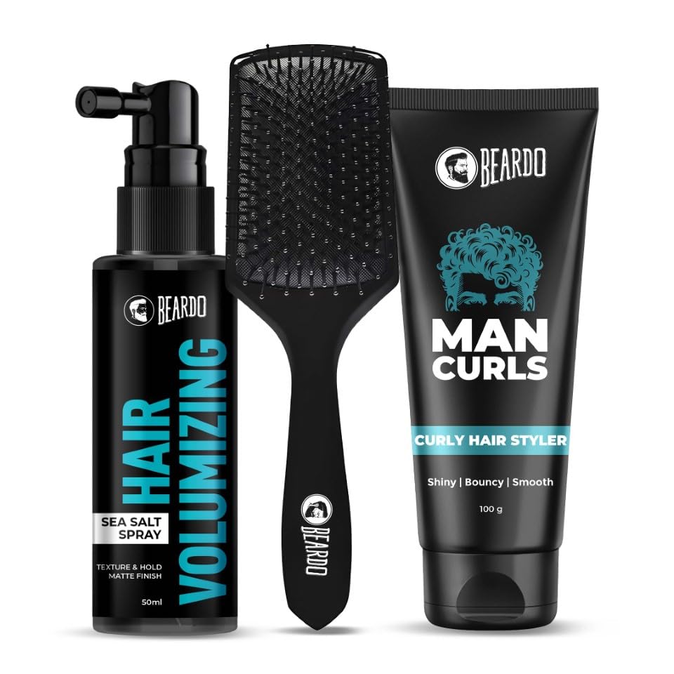 Beardo Classic Curls Combo (Set of 3) | Man Curls Curl Cream, Hair Volumizing Sea Salt Spray, Detangling Hair Brush | Flaxseed Gel for Hair, Leave in Cream, Hai