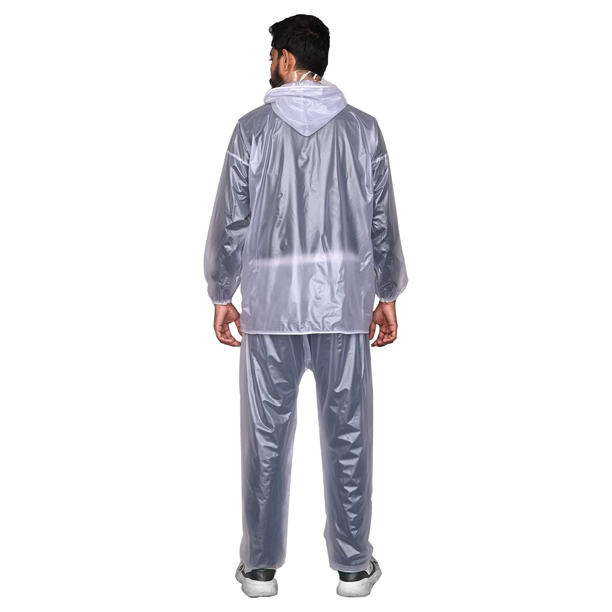 Allextreme Kinder Men Universal Raincoat, waterproof Rainsuit with Adjustable Hood, Drawstring Hem Set of Top & Bottom with Carrying Pouch (White, XXL)