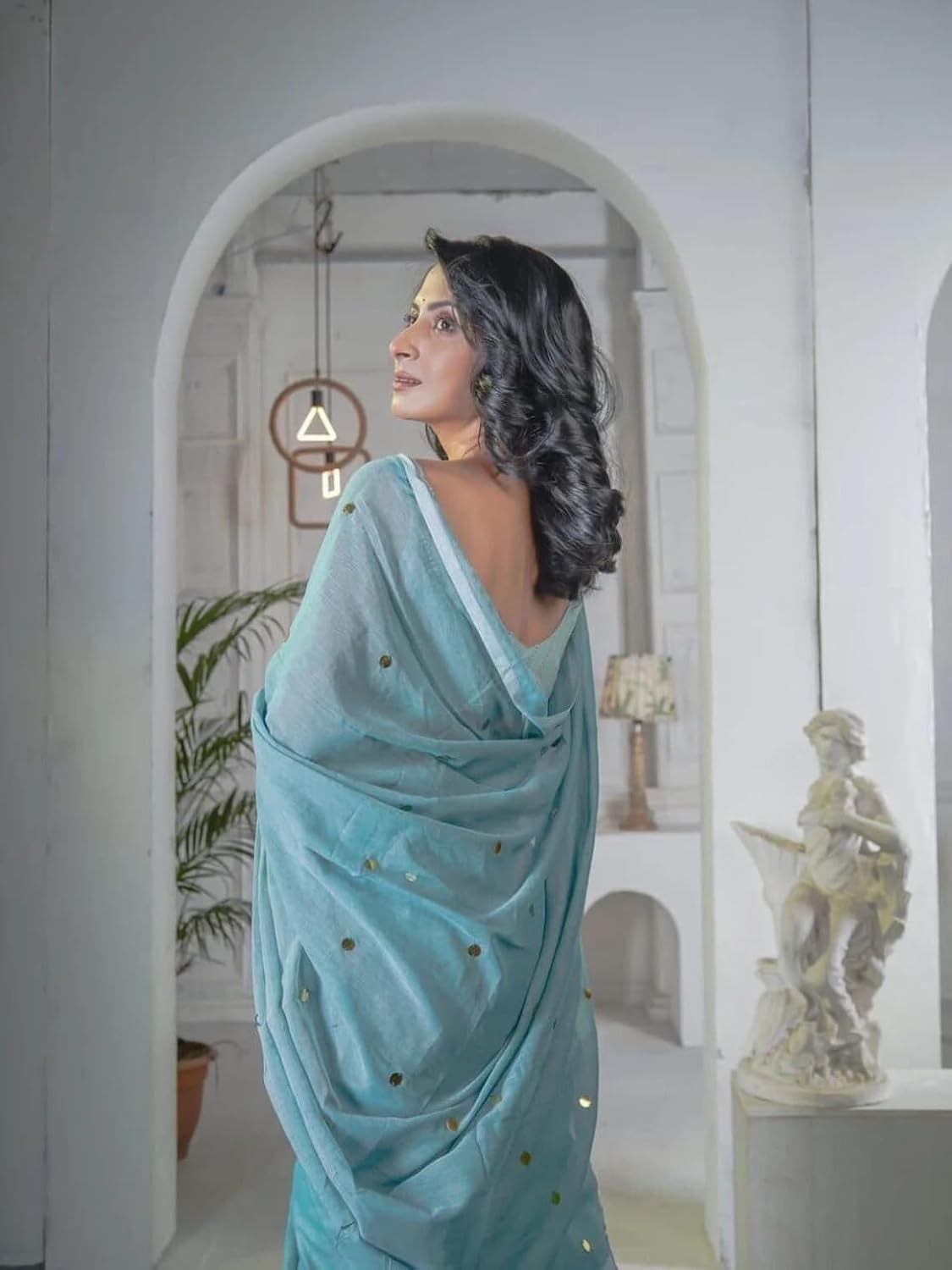 Women’s Khadi Cotton Saree with Blouse Piece | Soft Lightweight Plain Saree with Foil Butti Work Light Blue