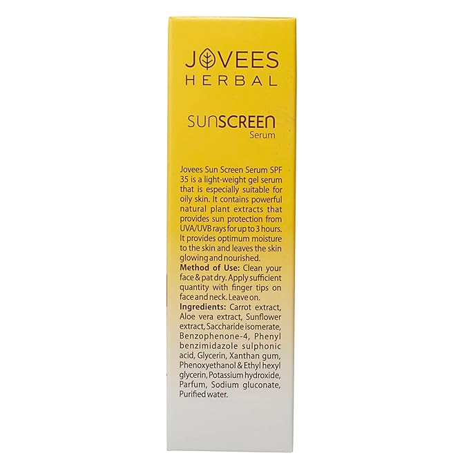 Jovees Herbal Sunscreen Face Serum SPF 35 with Aloe Vera, Carrot and Sunflower Extract, Advanced Light Weight Gel Based Formula For Sun Protection 30ml - For Oi