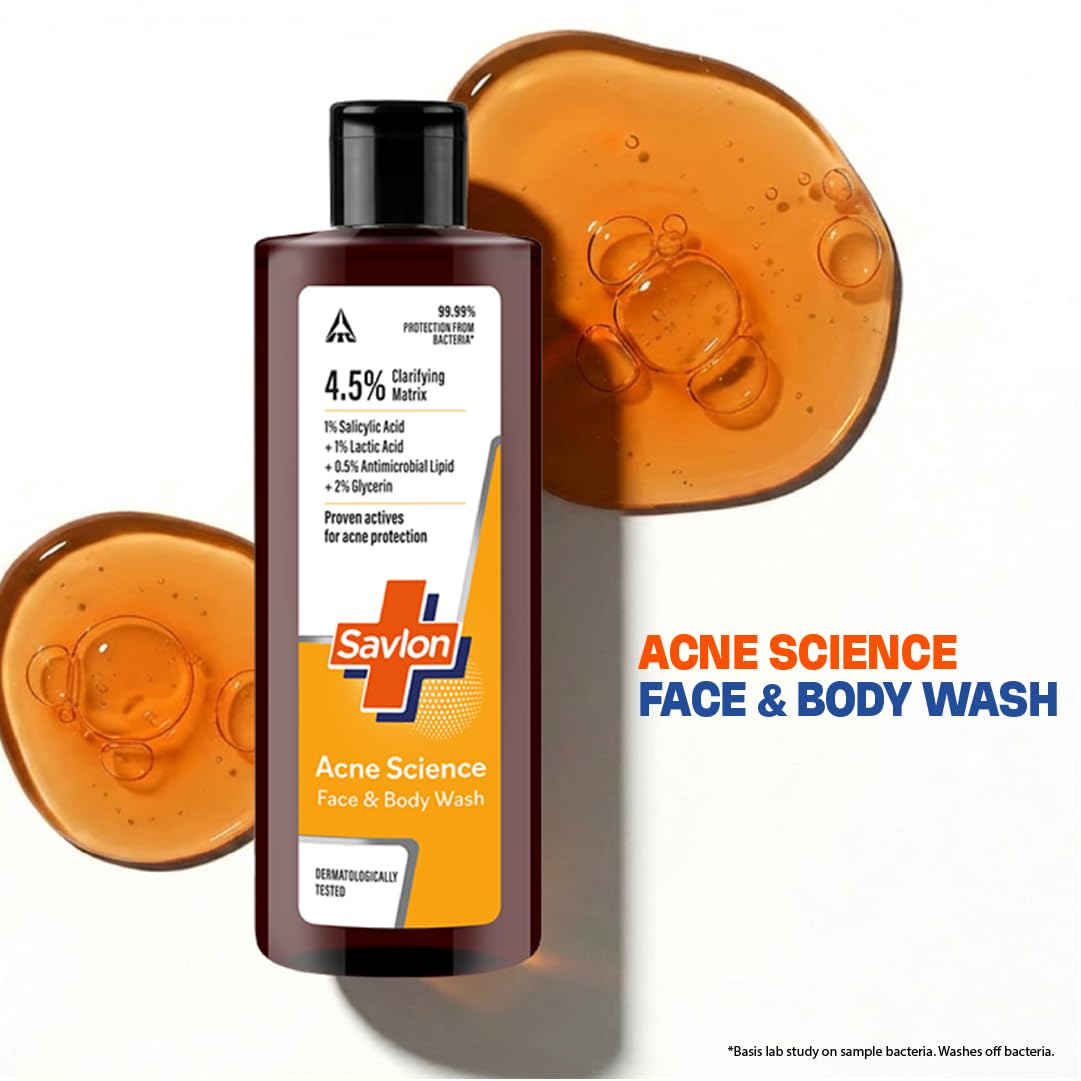 Savlon Acne Science Exfoliating Face & Body Acne Wash 250ml | Antibacterial Formula with 1% Salicylic Acid + 1% Lactic Acid | Helps Fight Acne-Causing Bacteria