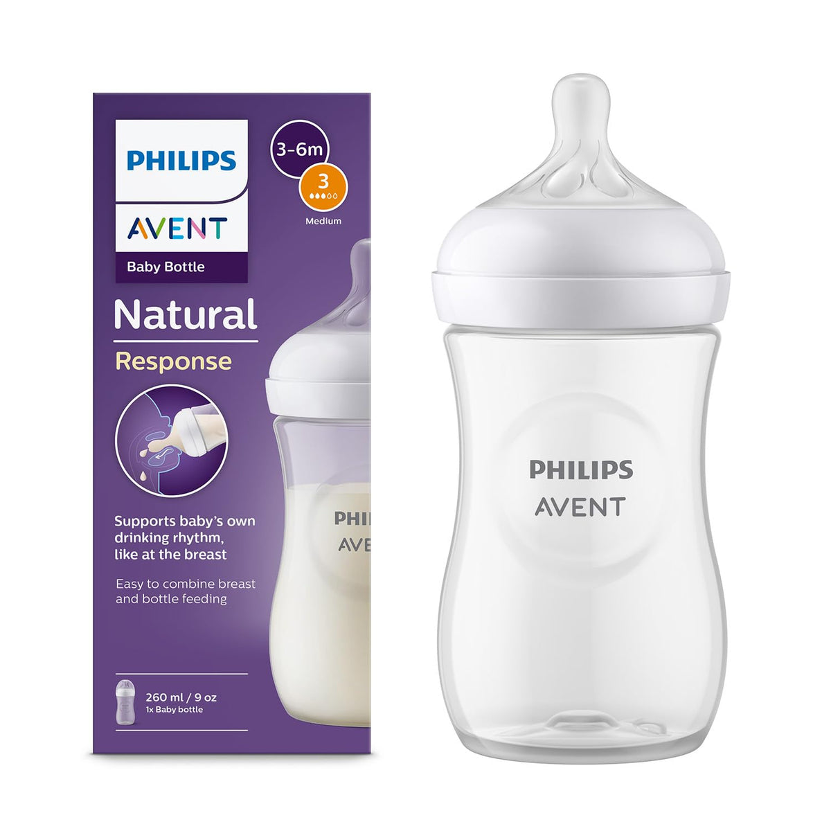 Philips Avent Natural Baby Plastic Feeding Bottle | No.1 Brand Recommended by Moms Worldwide | Ideal for 3-6 months+| Natural Response Technology Mimics Breastf
