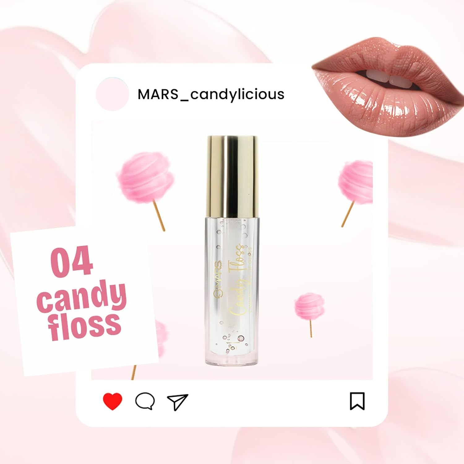 MARS Candylicious Sheer Lip Gloss for Women | Hydrating & High Shine | Lightweight | Non-Sticky | Enriched with Vitamin-E, Hyaluronic Acid & Avocado Ester (4.0ml) (04-CANDY FLOSS)