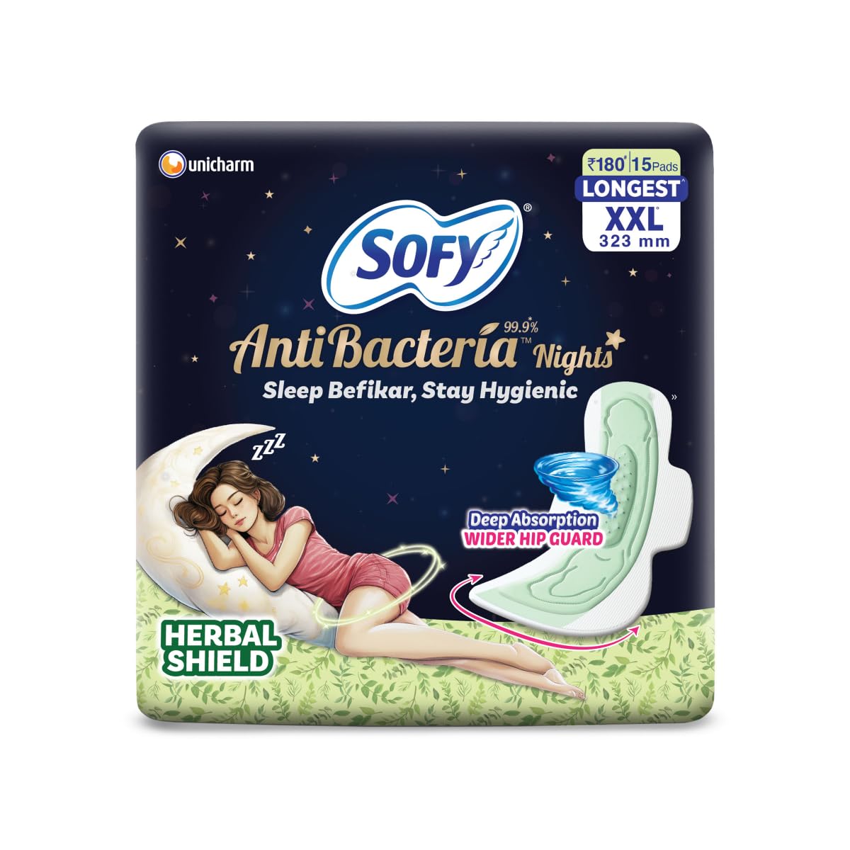Sofy Women Anti Bacteria Longest XXL Sanitary Pads |Night Protection|Wider Hip Guard| Deep Absorption | Herbal Shield | Hygiene & Herbs | XX-Large, Pack Of 15 X