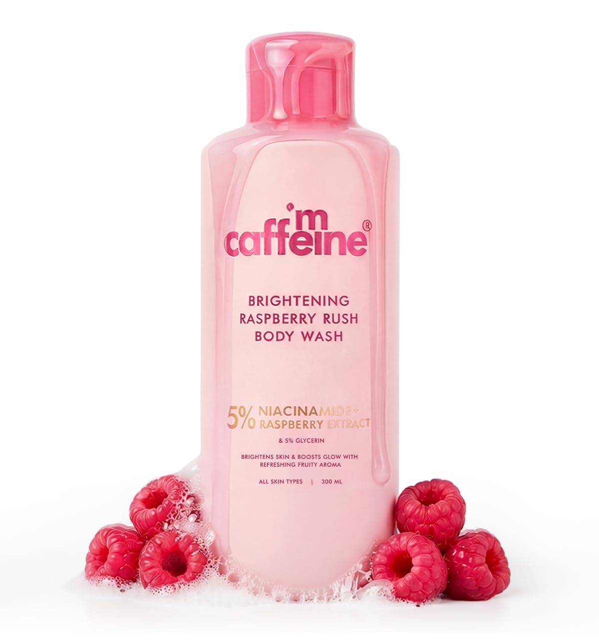mCaffeine Brightening Body Wash - 5% Niacinamide & Raspberry | Summer Body Wash for Dry Skin | Vitamin C & Glycerin Hydration | Boosts Glow, Deep Cleanses & Sof