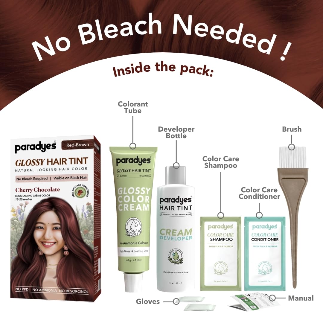 Paradyes Cherry Chocolate No Bleach Hair Tint | Glossy Hair Color | Visible on Virgin Black Hair | Natural-Looking, Glossy Finish | PPD-Free