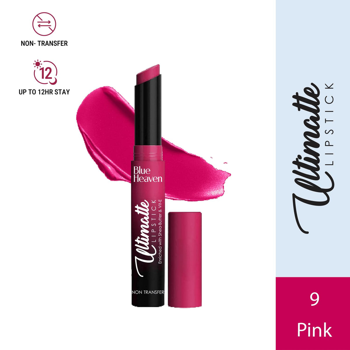 Blue Heaven Ultimatte NonTransfer lipstick for women|Enriched with Shea Butter & Vitamin E| Matte Finish, Smudge Proof & Waterproof Long Lasting Lipstick Upto 12Hrs| 2.2g | 09 Pink