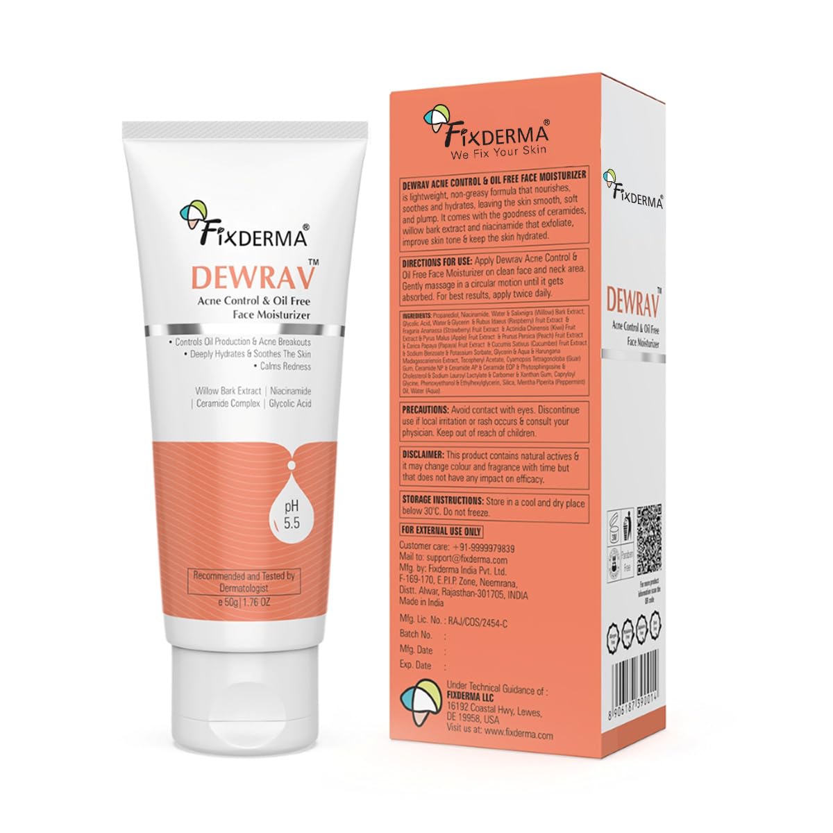 Fixderma Dewrav Acne Control & Oil Free Moisturizer for Face with Glycolic Acid | Niacinamide | Oily Skin | Face Moisturizer for Women & Men - 50 gm Acne 50 g (