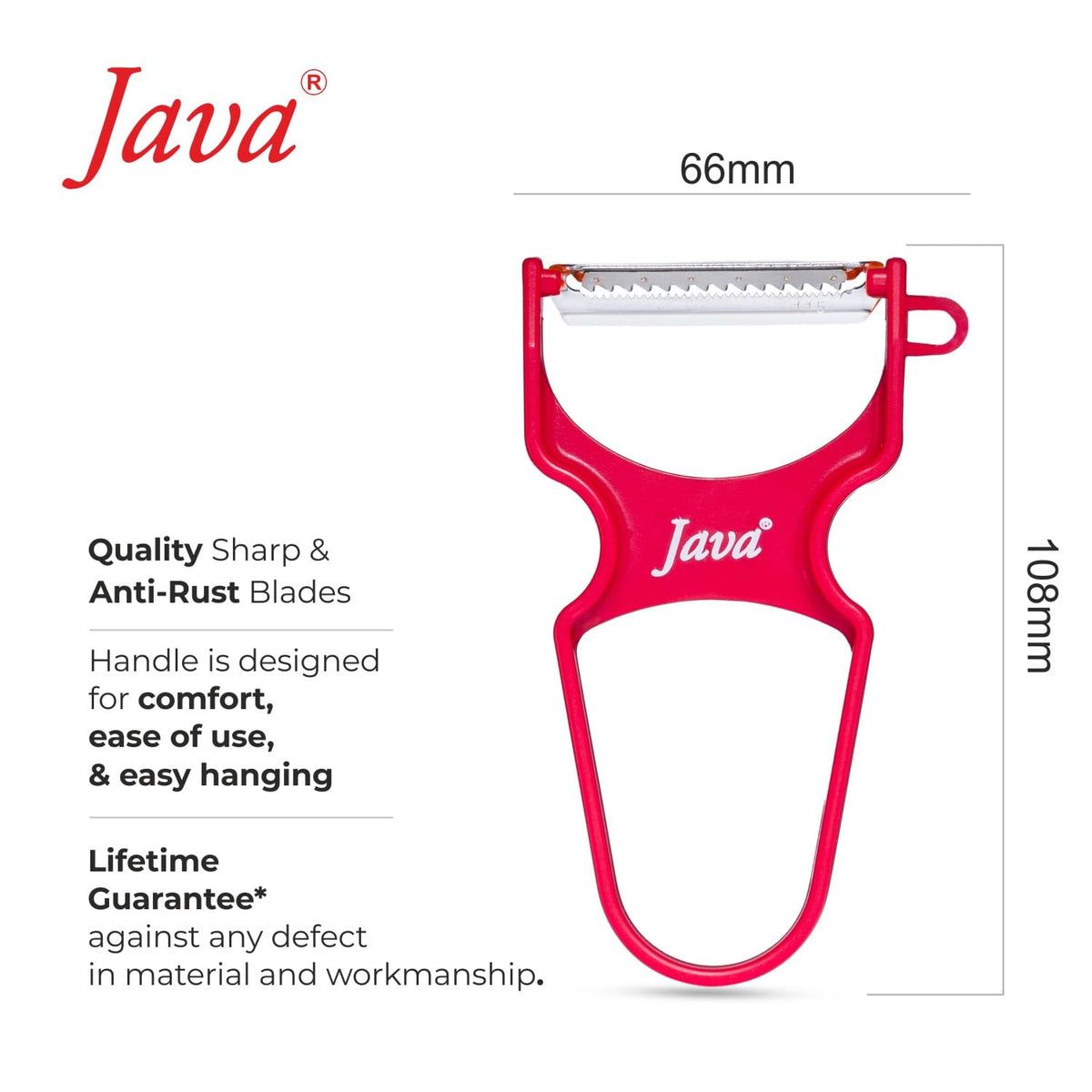 Java Rapid INOX Peeler with Stainless Steel Double Edge Blade, ABS Plastic Handle, Ergonomic Design, Dishwasher Safe, for Fruits and Vegetables (RED, Julienne)