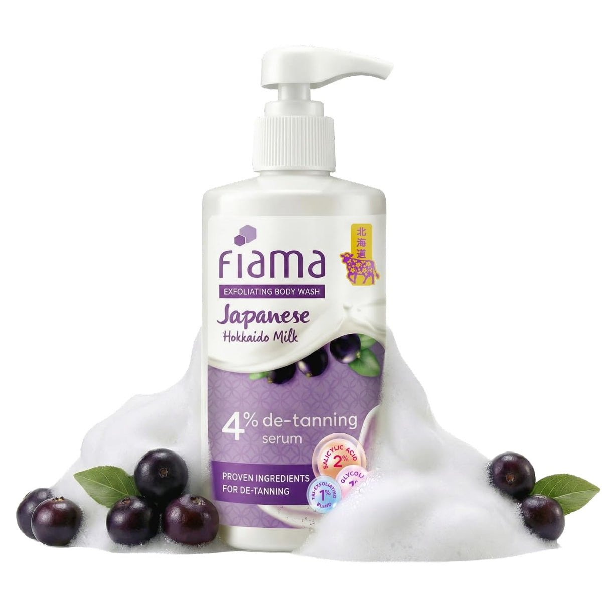 Fiama 4% Detan Serum Exfoliating Body Wash 250ml, 2% Salicylic Acid, 1% Glycolic Acid, 1% Exfoliating Tan Removal Shower Gel, Gently removes dead skin | Exotic