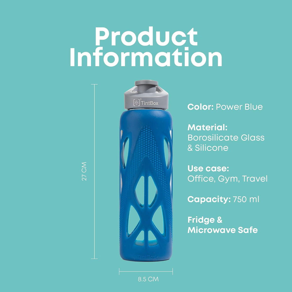 TintBox Borosilicate Glass Water Bottle with Silicone Sleeve | as seen on Shark Tank | perfect for Office, Home, Fridge, Gym, Travel | BPA Free | Power Blue | 7