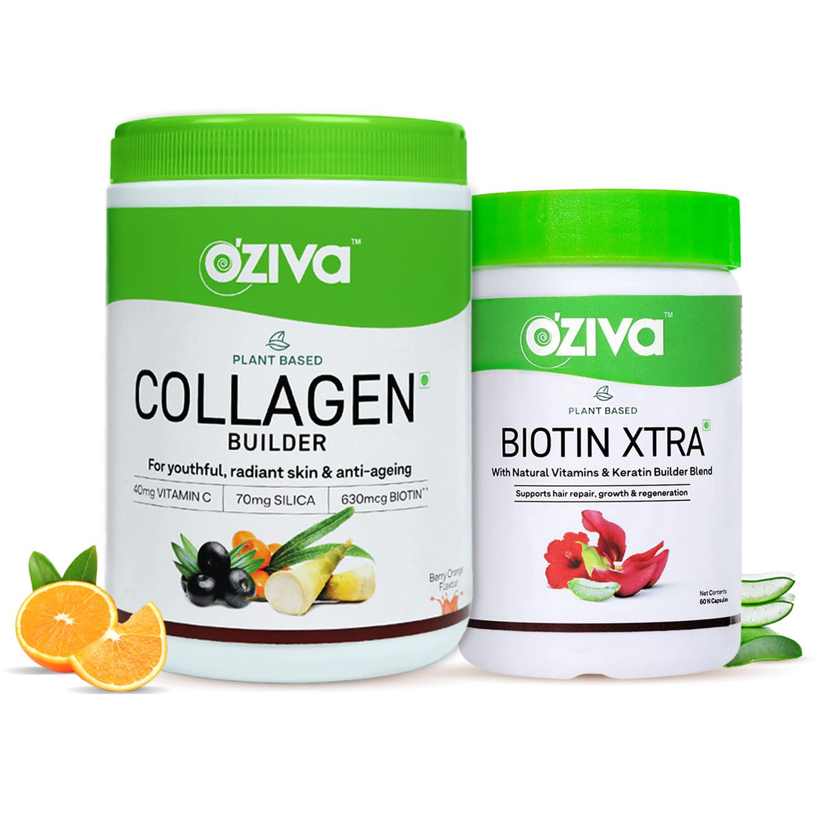 OZiva Plant Based Collagen Builder for Glowing & Youthful Skin | Collagen Powder for Women & Men | With Biotin, Silica & Vitamin C (Collagen Berry Orange + Biot