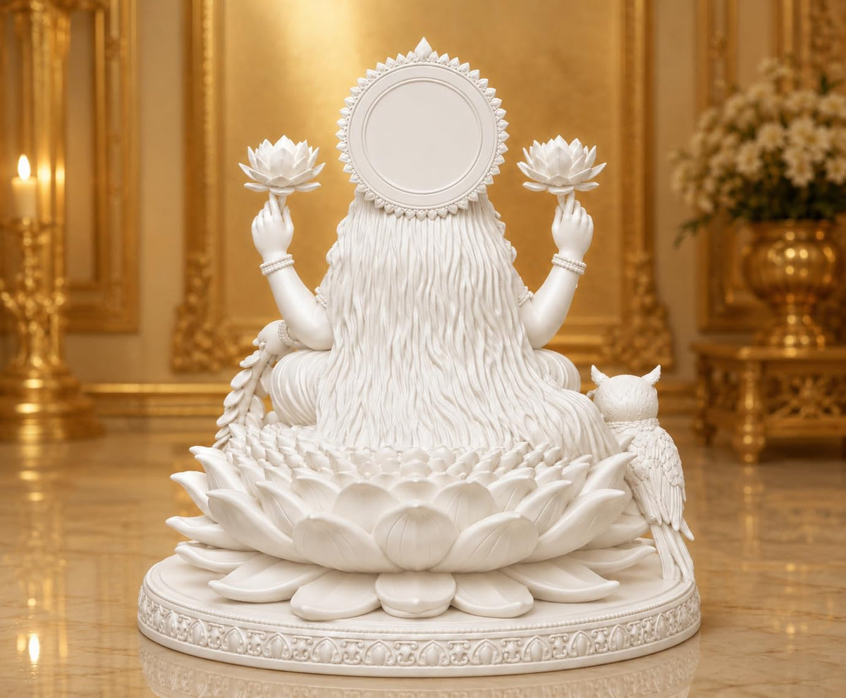 Premium Polymer Goddess Lakshmi Murti on Lotus - Car Dashboard - 12 cm White