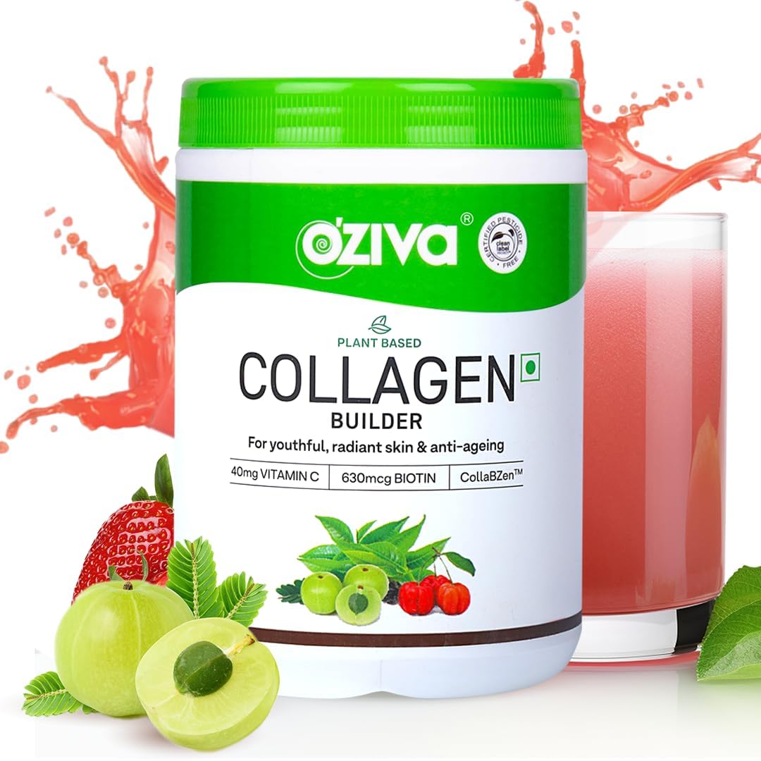 OZiva Vegan Collagen (Tangy Amla) for Skin, Hair & Nails | 200g (Pack of 1) and OZiva Bioactive Glutathione Tablets for Radiant Skin - 30 Effervescent Tablets (
