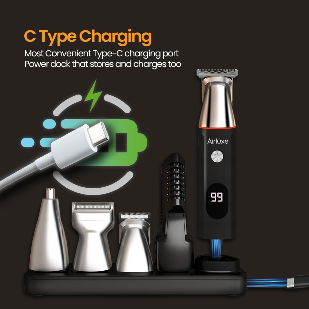 Airluxe GroomMaster 12-in-1 Body Trimmer for Men | Full Body Grooming Kit with Precision, Body, Nose & Ear Trimmer, Foil Shaver | IPX7 | LED Display | 90 Min Ru