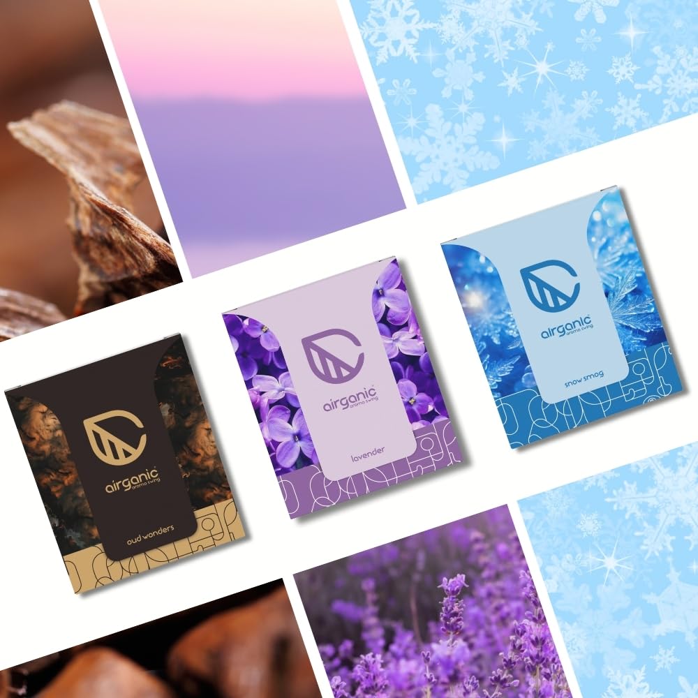 AIRGANIC Aroma Swing - Pack of 3 (30 ml): Oud Wonders, Lavender & Snow Smog | Aroma with Essential Oils in Glass Bottle with Wooden Diffuser Lid | Hanging Car F
