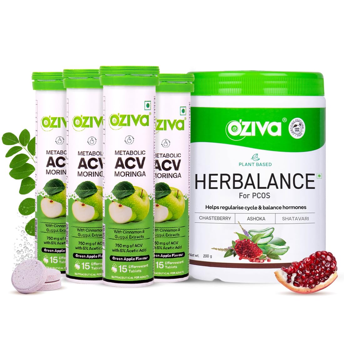 OZiva Plant Based HerBalance for PCOS Supplements for Women 250g and ACV Moringa for Weight Loss|3-in-1 Fat Oxidation Formula, 60 Effervescent Tablets (Green Ap