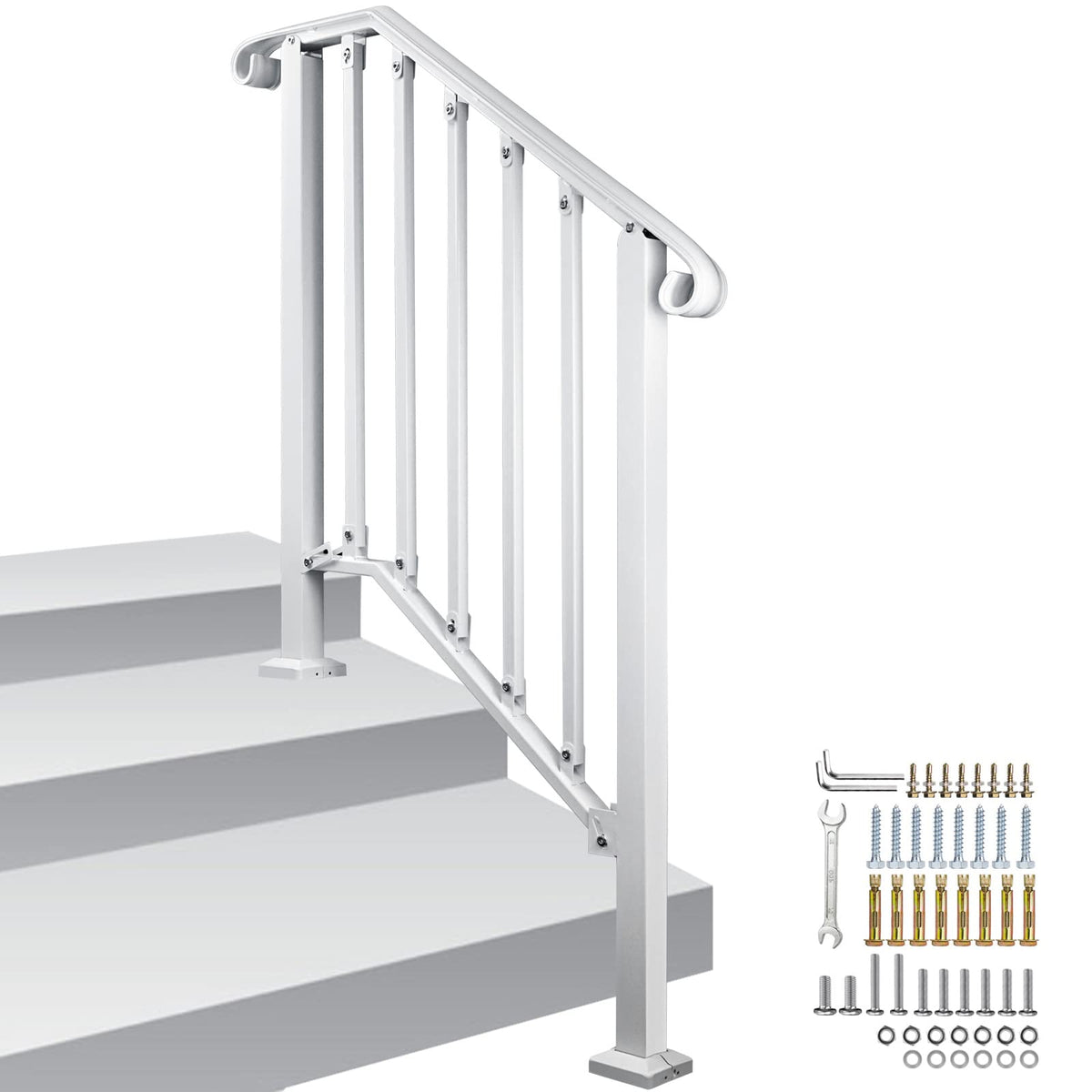 Adjustable Handrails for Outdoor Steps, Handrail Picket #2 Hand Rails for Outdoor 2 or 3 Steps, Mattle Wrought Iron Handrail, Stair Rail with Installation Kit f