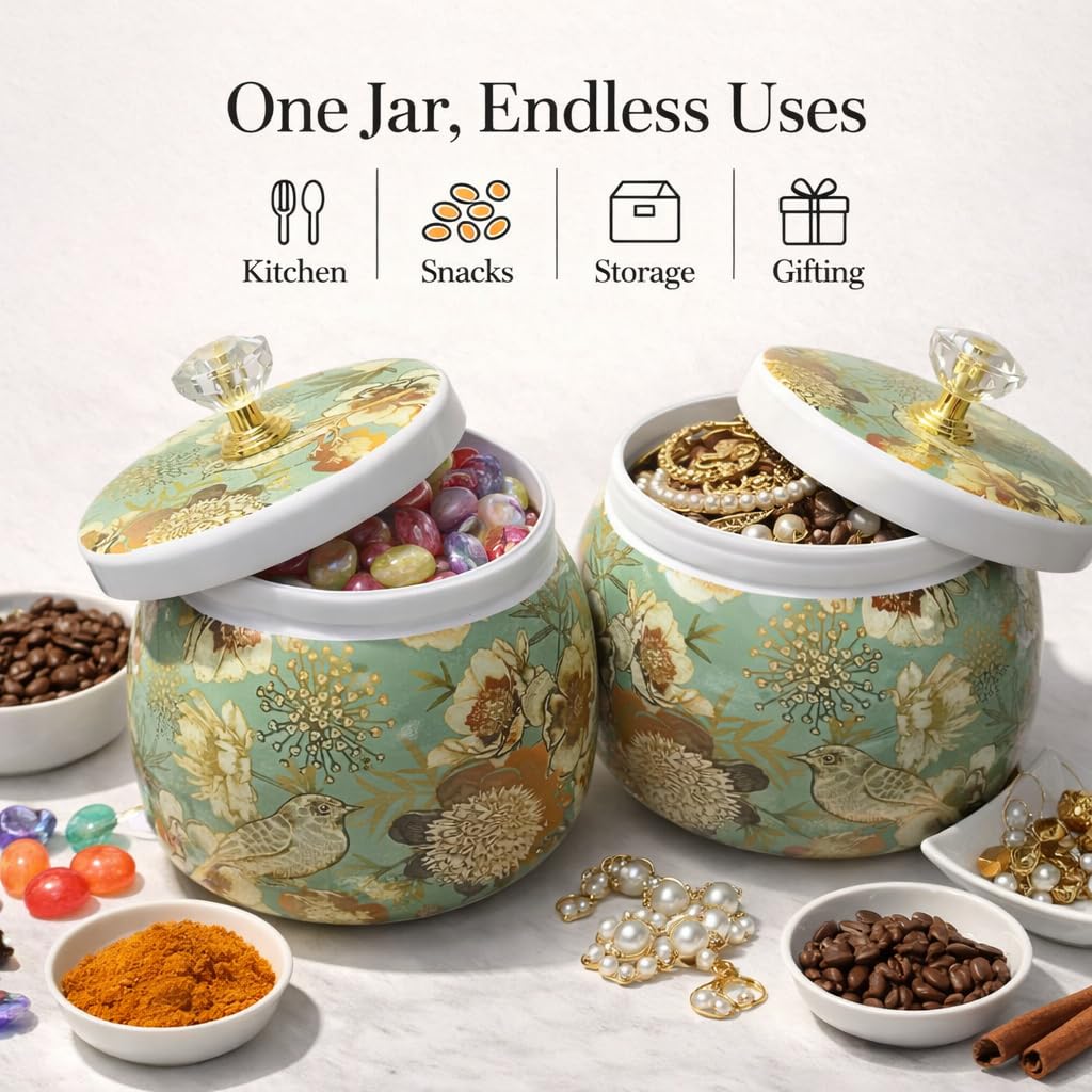 Kalakriti (Set of 2, 4x4 Inch Rust Free Meenakari Design Floral Birds Dryfruits Storage Jar with Airtight Lid Crystal Knob | Stylish Home Kitchen Organizer Cont