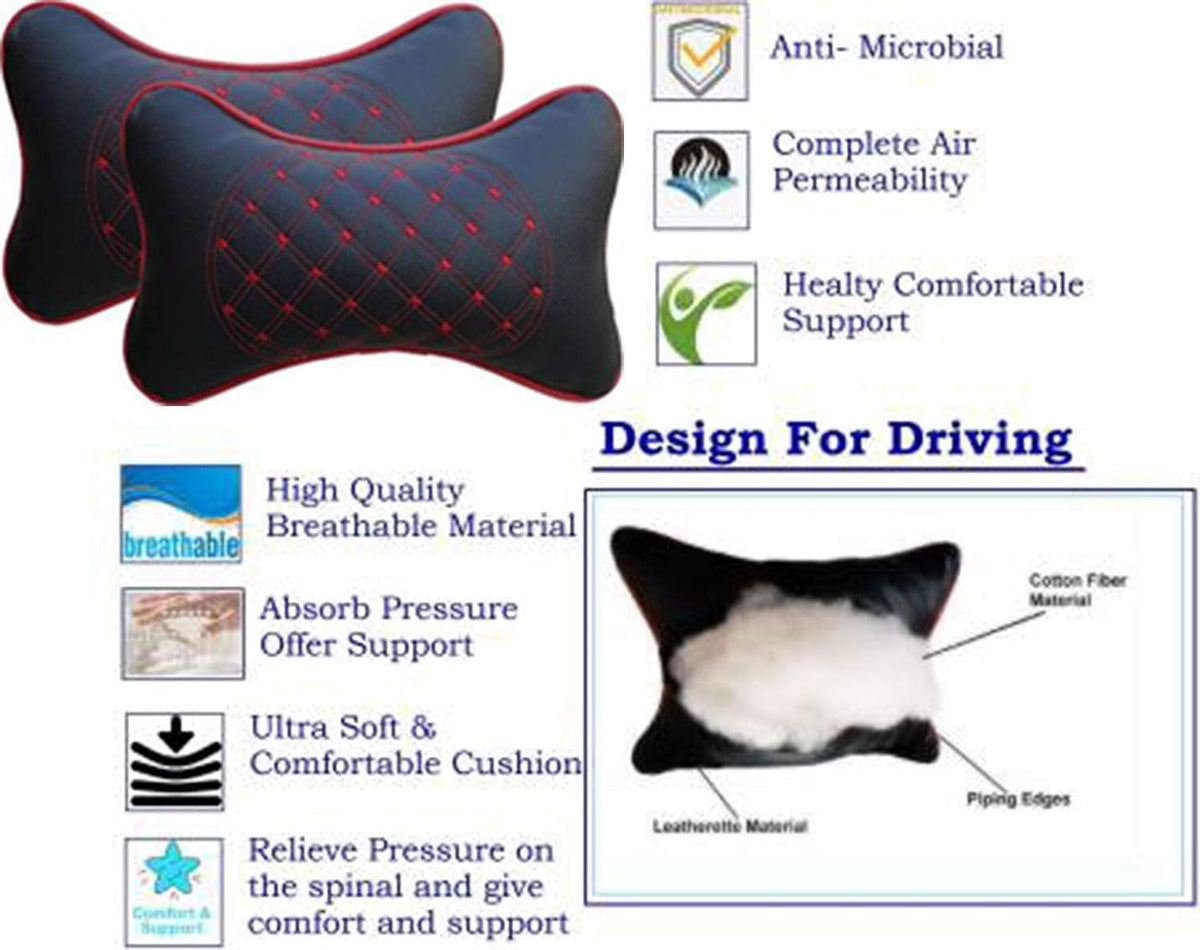 DETACHI Faux Leather Car Neck Rest Pillow/Cushion Set of Pillows Compatible with All Cars (Black, with RED Embroidery) - Pack of 2 Pieces Red & Black